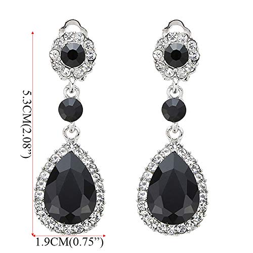 YINLI Gorgeous Austrian Cut Crystal Rhinestone Ear Clip on Earring Wedding Bridal Teardrop Drop Dangle Earrings (Clip on Black) - Image 3