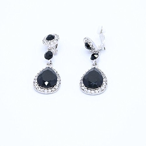 YINLI Gorgeous Austrian Cut Crystal Rhinestone Ear Clip on Earring Wedding Bridal Teardrop Drop Dangle Earrings (Clip on Black) - Image 4
