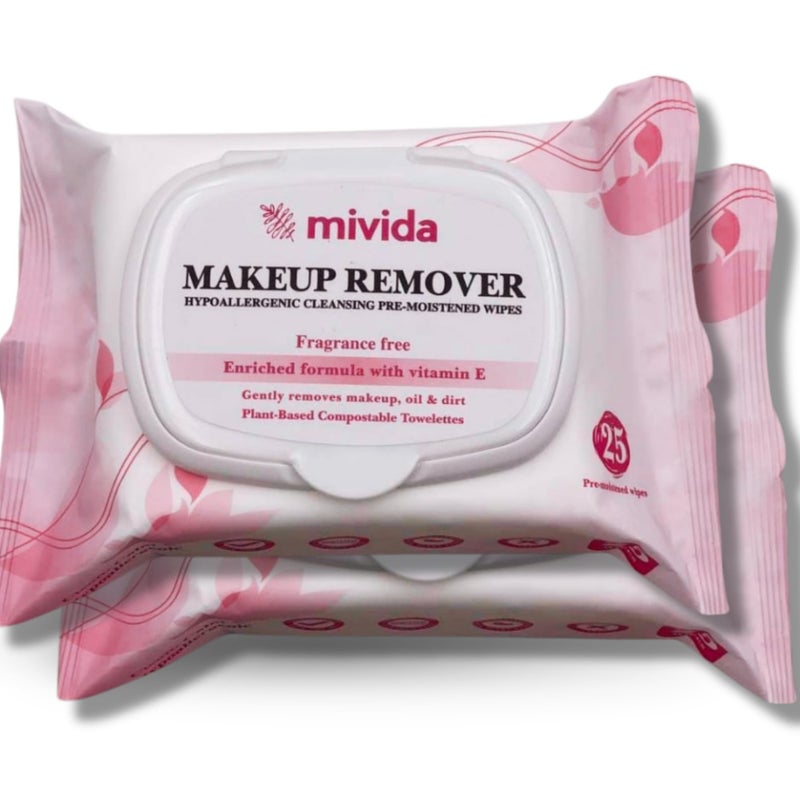 mivida Hypoallergenic Makeup Remover Wipes 2 Pack of 25 Count  Biodegradable Facial Cleansing Make up Remover Face Wipes with Vitamin E  Fragrance Free Alcohol Free Plant Based 50 Count wipes