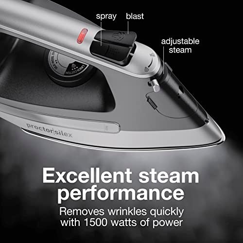 Proctor Silex Steam Iron for Clothes with Durable Stainless Steel Soleplate, 1500 Watts, 8’ Retractable Cord, 3-Way Auto Shutoff, Anti-Drip, Gray and Black (14250) - Image 4