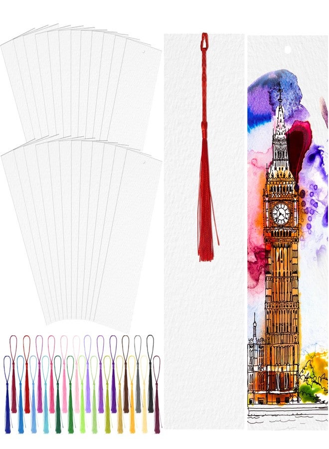 LOTMER 100 Pcs Watercolor Paper Blank Bookmarks with Colorful Tassels Book Marks Tassels DIY Kit Cotton Watercolor Paper Bookmarks with Hole for DIY and Gifts Tags 7.87x1.97 inch - Image 1