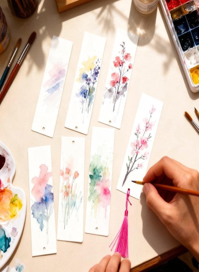 LOTMER 100 Pcs Watercolor Paper Blank Bookmarks with Colorful Tassels Book Marks Tassels DIY Kit Cotton Watercolor Paper Bookmarks with Hole for DIY and Gifts Tags 7.87x1.97 inch - Image 4