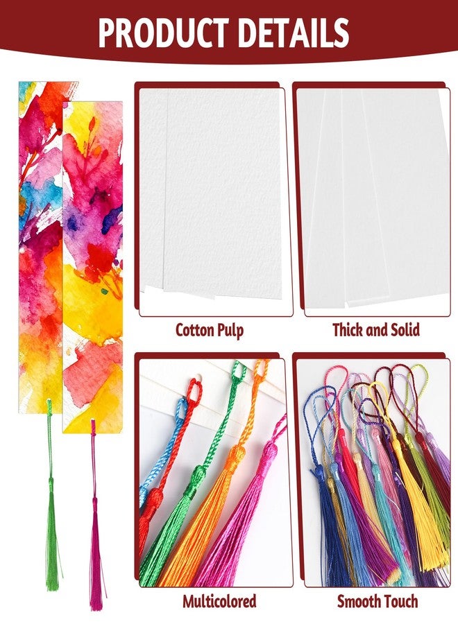 LOTMER 100 Pcs Watercolor Paper Blank Bookmarks with Colorful Tassels Book Marks Tassels DIY Kit Cotton Watercolor Paper Bookmarks with Hole for DIY and Gifts Tags 7.87x1.97 inch - Image 3