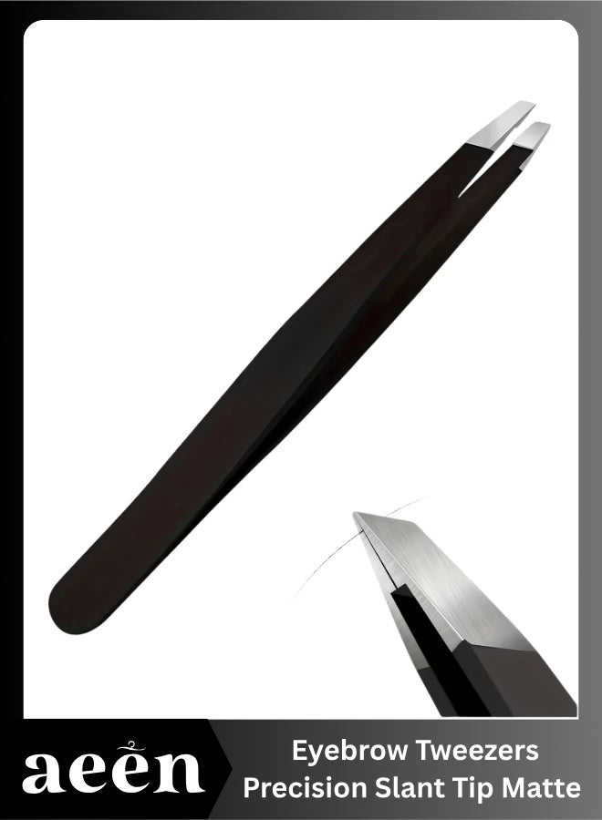 aeen Precision Slant Tip Eyebrow Tweezers – Stainless Steel Matte Black Hair Removal Tweezer for Eyebrows & Facial Hair - Image 1