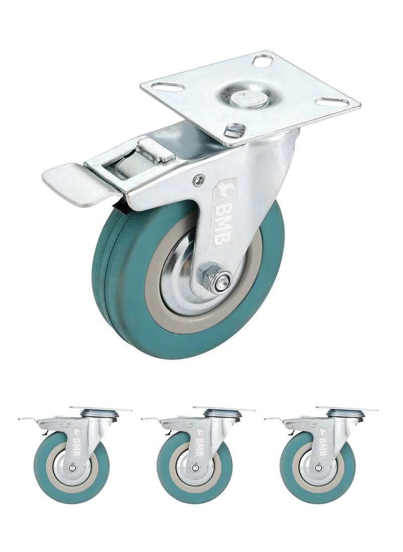 BMB tools 4-Piece Grey Rubber Caster - Plate - Swivel with Brake / 100mm  - Image 1