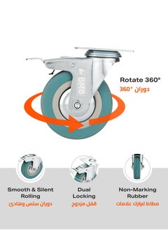 BMB tools 4-Piece Grey Rubber Caster - Plate - Swivel with Brake / 100mm  - Image 4