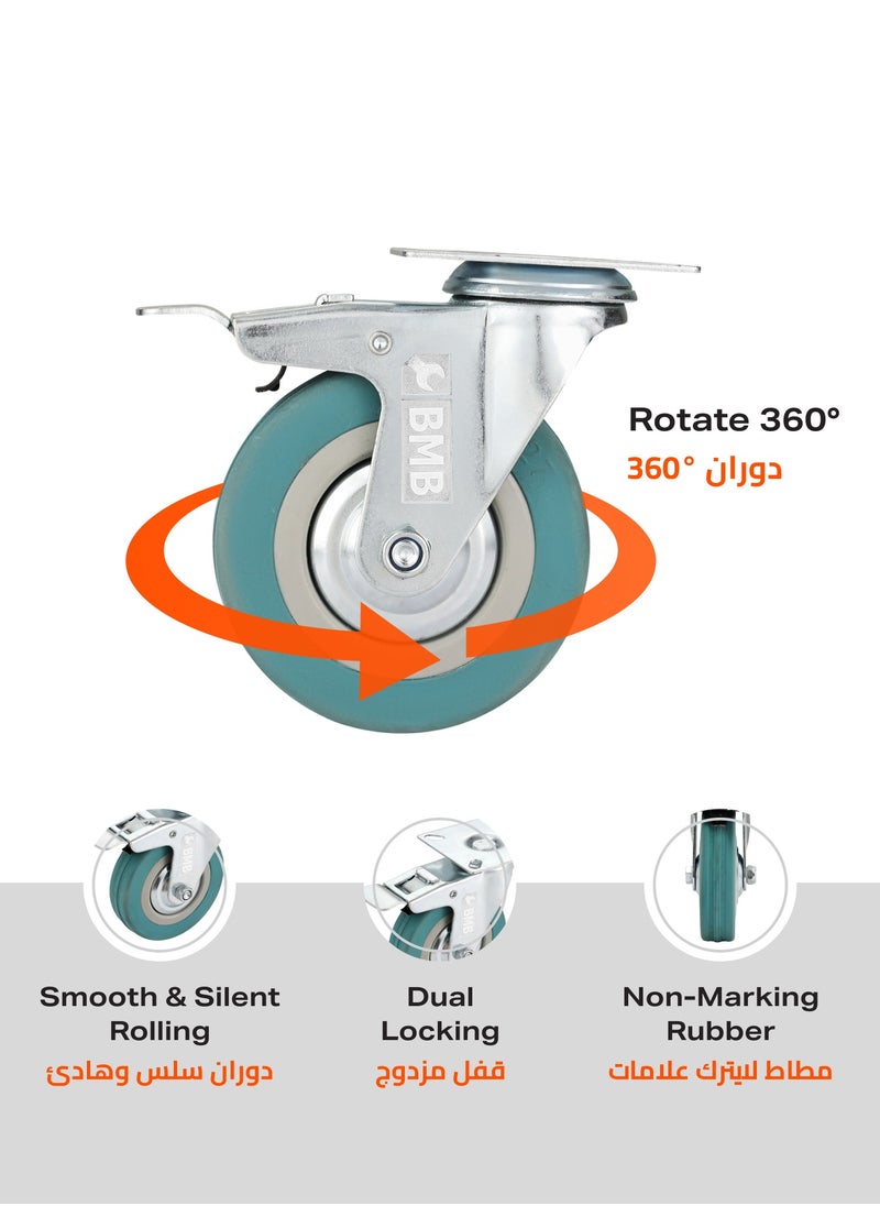 BMB tools 4-Piece Grey Rubber Caster - Plate - Swivel with Brake / 100mm  - Image 4