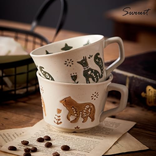 Swuut 12oz Vintage Ceramic Coffee Mug Set of 4 - Handmade Stoneware Pottery Countryside Farmhouse Fall Autumn Tea Mugs with Big Handle for Latte,Cocoa,Dishwasher & Microwave Safe Cups (Animals) - Image 3