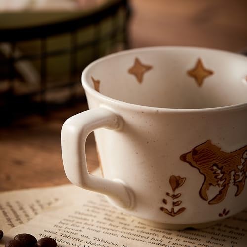 Swuut 12oz Vintage Ceramic Coffee Mug Set of 4 - Handmade Stoneware Pottery Countryside Farmhouse Fall Autumn Tea Mugs with Big Handle for Latte,Cocoa,Dishwasher & Microwave Safe Cups (Animals) - Image 4