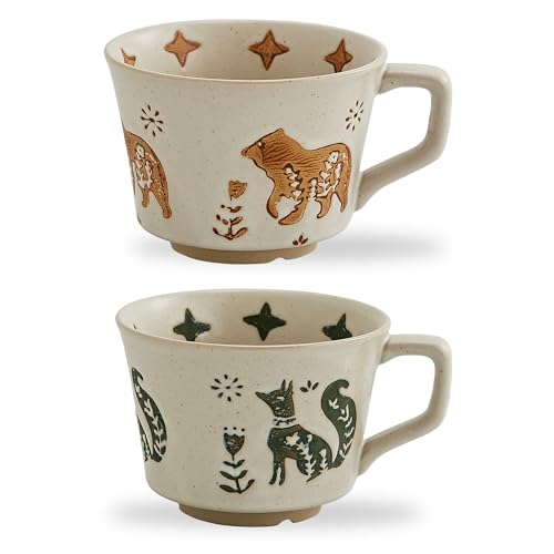 Swuut 12oz Vintage Ceramic Coffee Mug Set of 4 - Handmade Stoneware Pottery Countryside Farmhouse Fall Autumn Tea Mugs with Big Handle for Latte,Cocoa,Dishwasher & Microwave Safe Cups (Animals) - Image 1