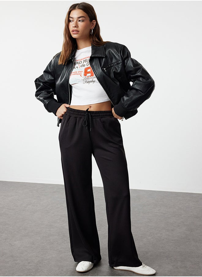 trendyol Black Wide Leg Ribbed Stretch Trousers TWOAW25PL00008  - Image 1