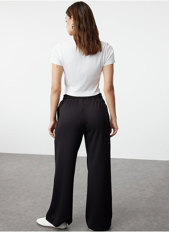 trendyol Black Wide Leg Ribbed Stretch Trousers TWOAW25PL00008  - Image 5