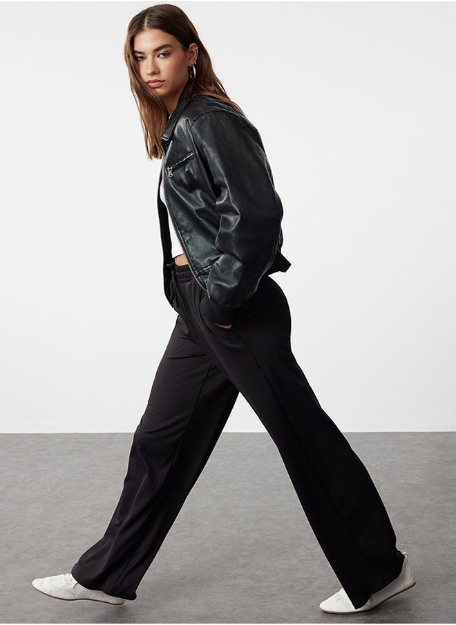 trendyol Black Wide Leg Ribbed Stretch Trousers TWOAW25PL00008  - Image 2