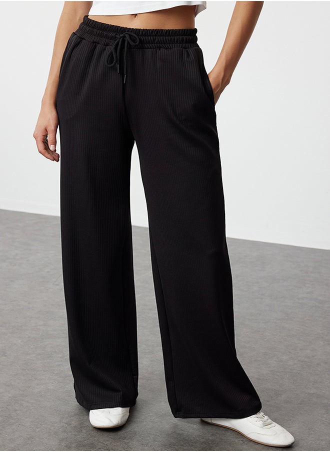 trendyol Black Wide Leg Ribbed Stretch Trousers TWOAW25PL00008  - Image 3