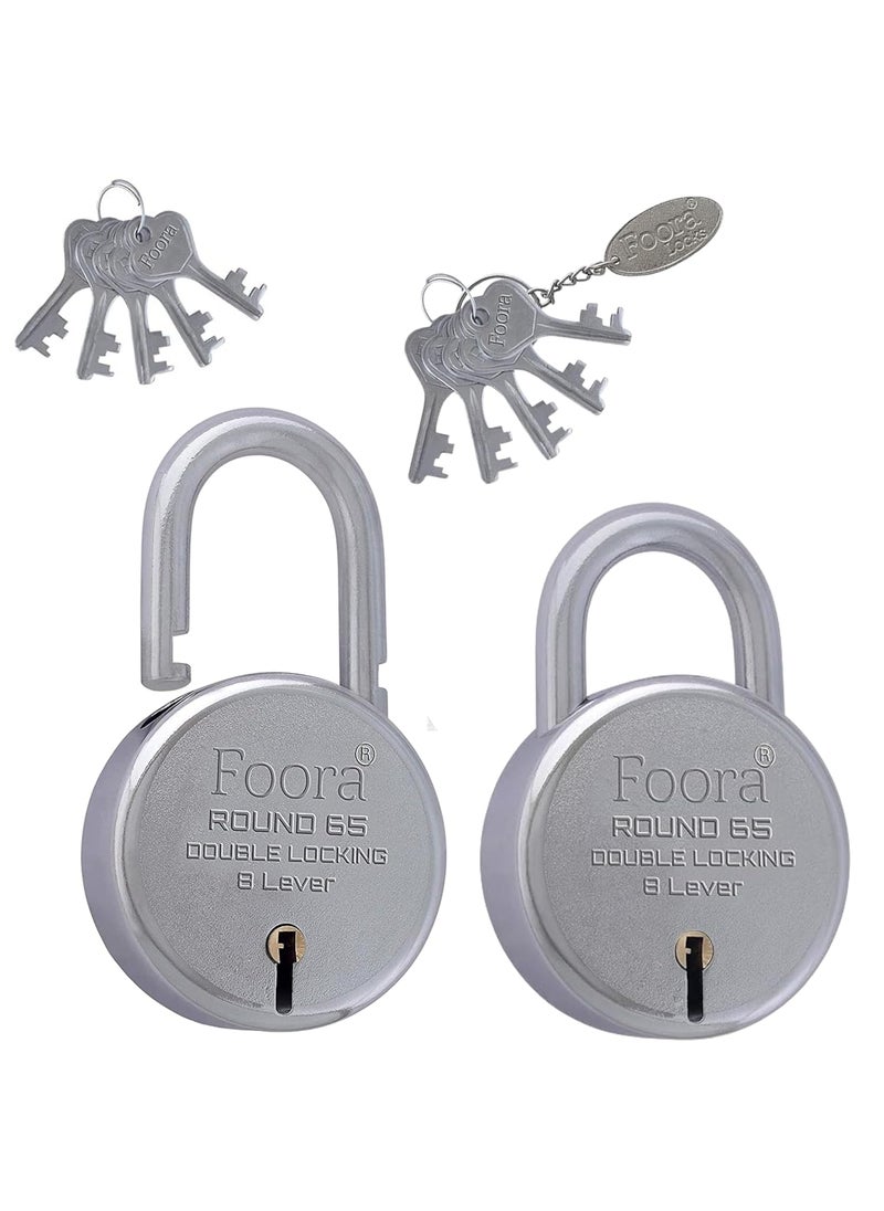 Foora - Foora LockDoor Lock for Home Round 65mm Padlock with 10 Keys and 1 Key Chain 8 LeverDouble LockingFinish Silver Pack of 2 - Image 1