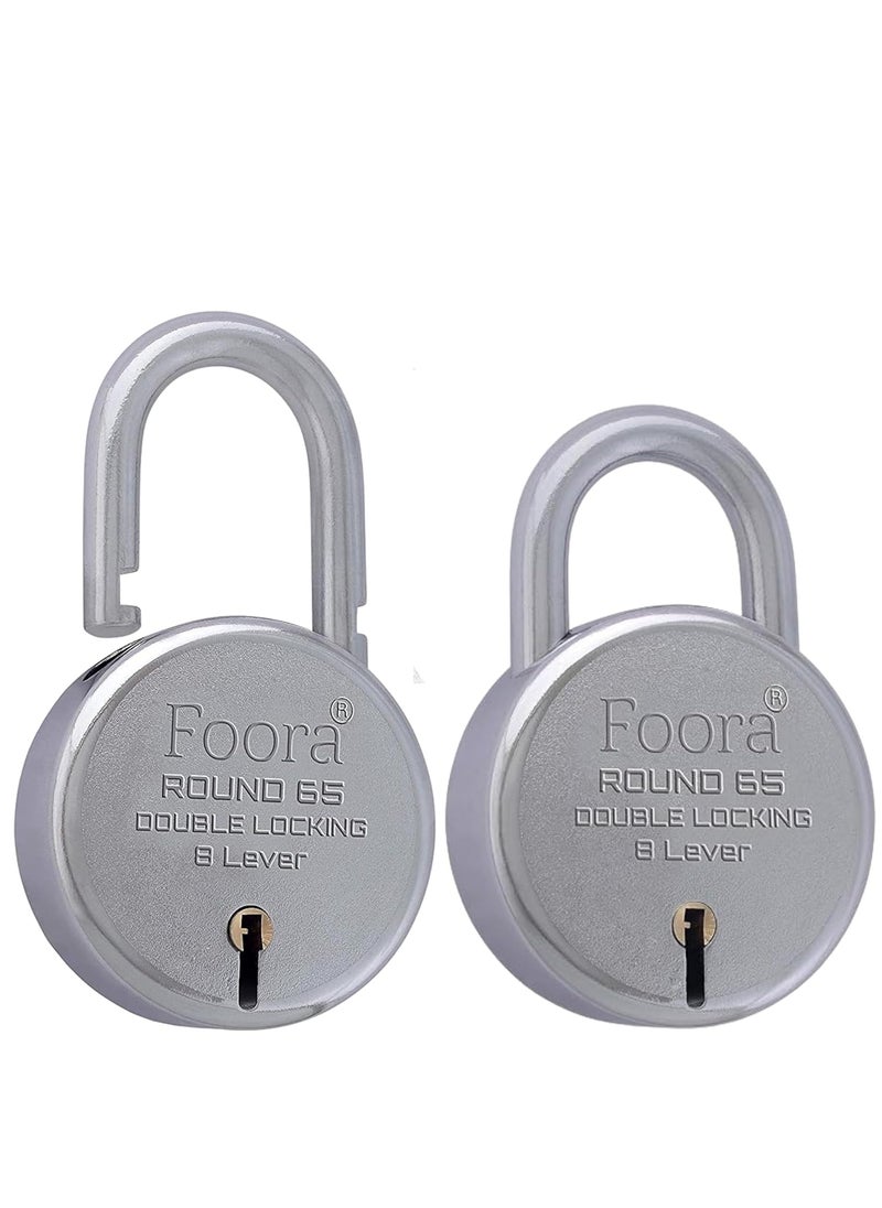 Foora - Foora LockDoor Lock for Home Round 65mm Padlock with 10 Keys and 1 Key Chain 8 LeverDouble LockingFinish Silver Pack of 2 - Image 1