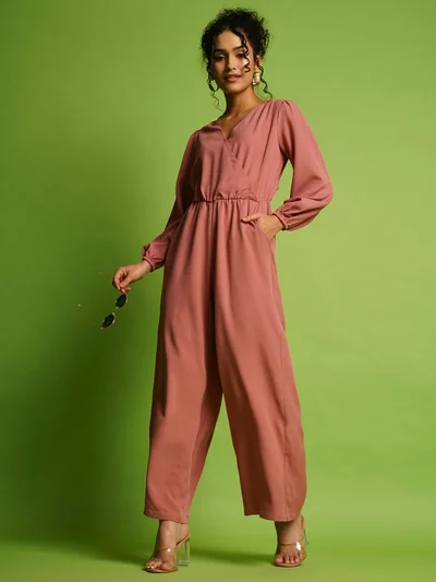 globus Women V-Neck Bishop Sleeves Gathered Detail Wrap Basic Jumpsuit