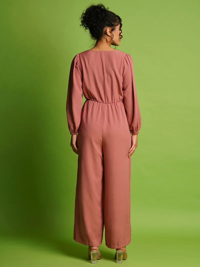 globus Women V-Neck Bishop Sleeves Gathered Detail Wrap Basic Jumpsuit
