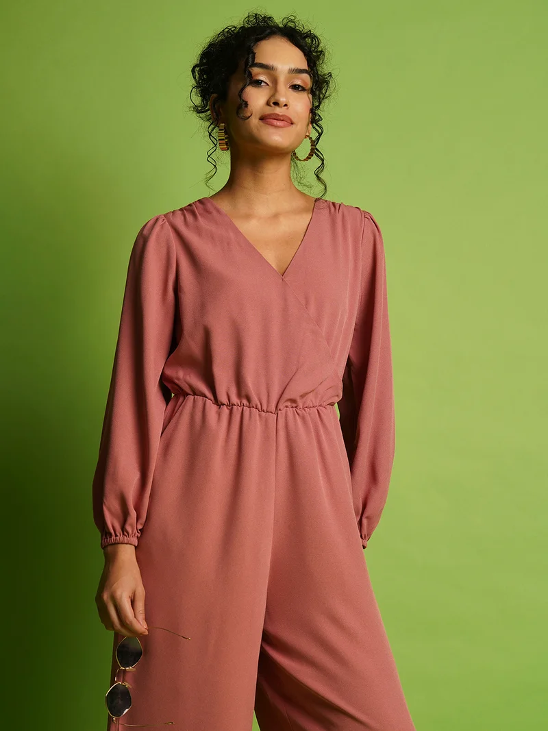 globus Women V-Neck Bishop Sleeves Gathered Detail Wrap Basic Jumpsuit