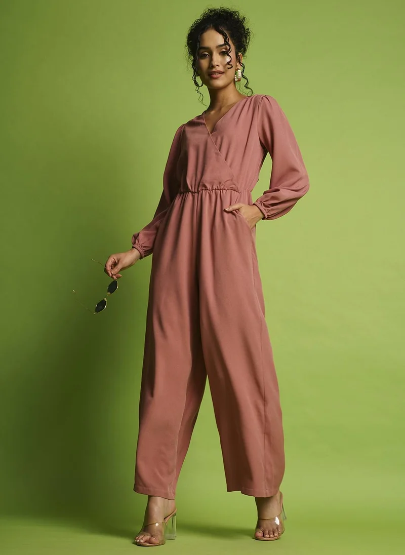 Globus Women V-Neck Bishop Sleeves Gathered Detail Wrap Basic Jumpsuit