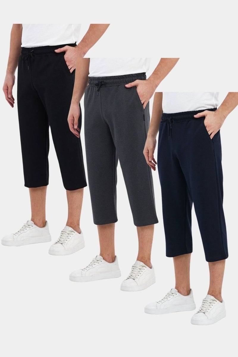 Comeor Men's 3-Pack Side Pocket Bermuda Knee Length Capri Adjustable Elastic Waist Long Shorts  - Image 1