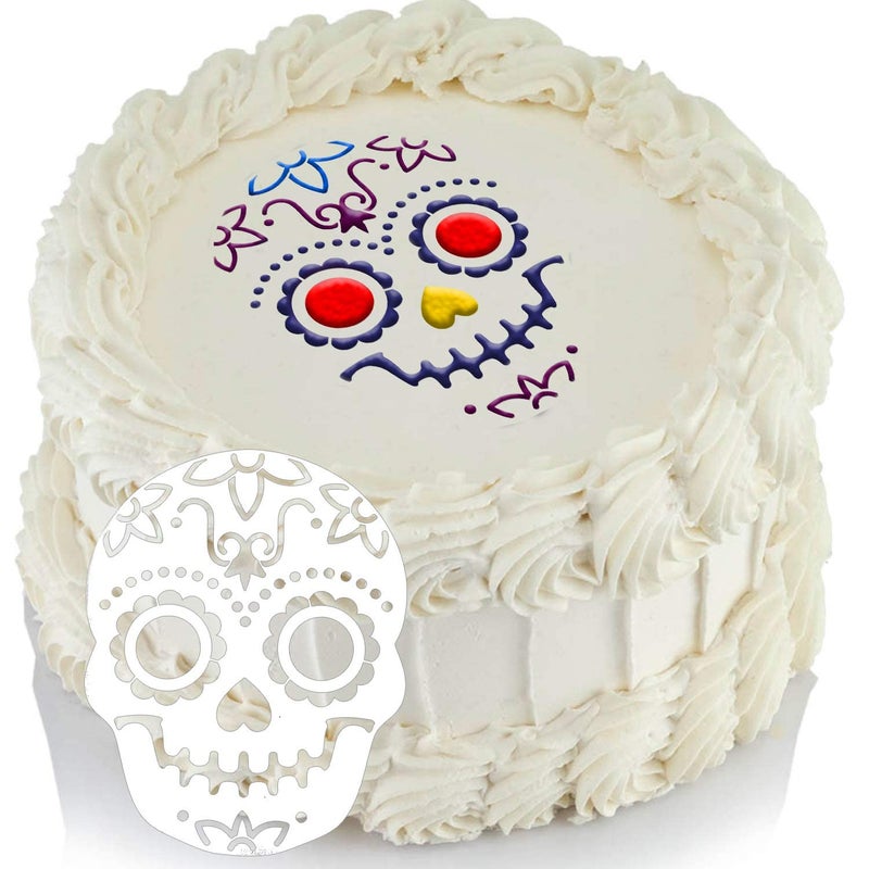 Ivanas Ivanas 8 Pack Day of The Dead Cake Stencils Templates Sugar Skull Cake Stencils Da de Los Muertos Mexican Party Halloween Reusable Cake Cookies Baking Painting Mold Tools Small Large Sizes  - Image 5