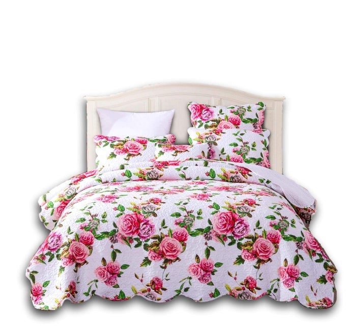 ROMANTIC ROSES FLORAL BEDSPREAD SET LOVELY SPRING PINK WHITE SCALLOPED COLORFUL LIGHTWEIGHT BREATHABLE BRIGHT VIBRANT QUILTED COVERLET WPILLOW SHAMS CAL KING 3PIECES
