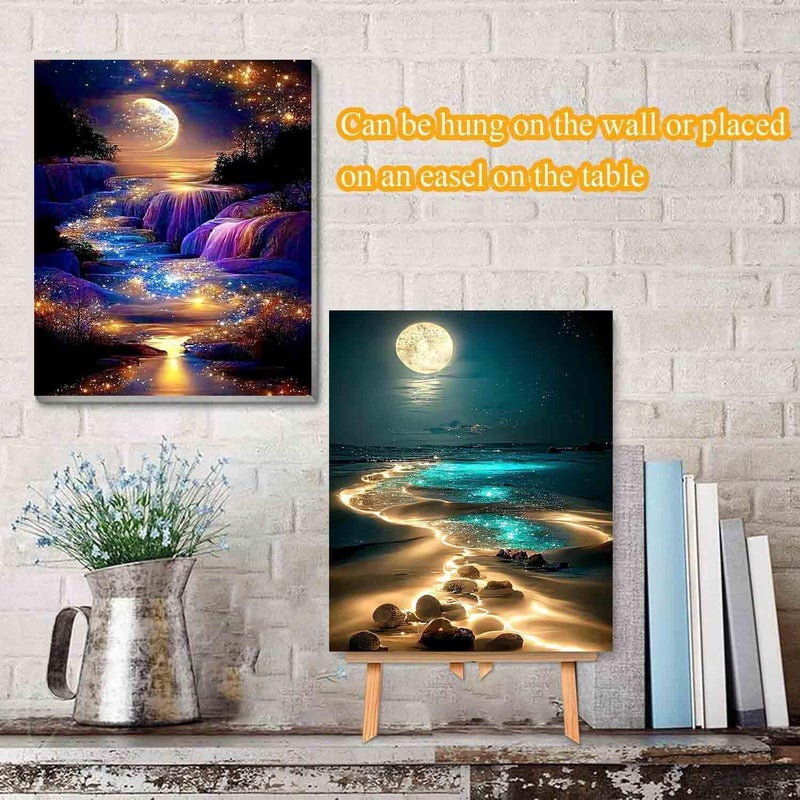 VIGEGU 4 Pack Paint by Numbers Kit for Adults Beginner with Frame,Paint by Number with Wooden Easel DIY Starry Sky Beach Waterfall Landscape Adult Paint by Number Kits for Home Decor 7.8x11.8inch ï»¿ - Image 2