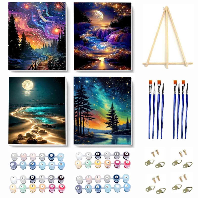 VIGEGU 4 Pack Paint by Numbers Kit for Adults Beginner with Frame,Paint by Number with Wooden Easel DIY Starry Sky Beach Waterfall Landscape Adult Paint by Number Kits for Home Decor 7.8x11.8inch ï»¿ - Image 1