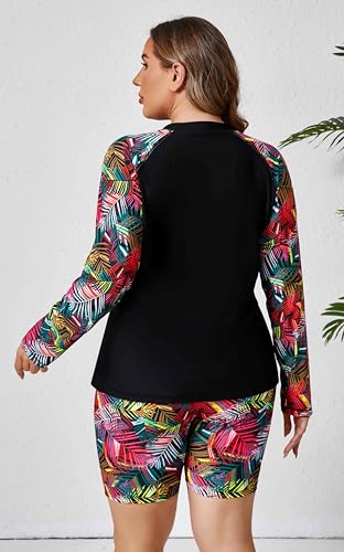 Halcurt Women Rash Guard Padded Plus Size Bathing Suits with Boy Shorts Quick Dry Palm 2X - Image 2