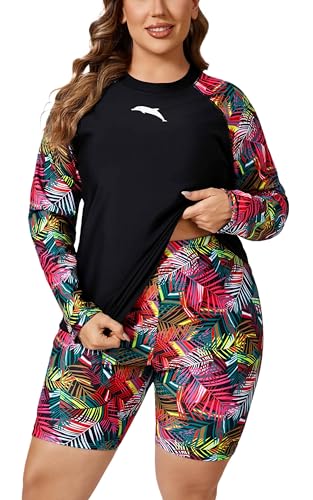 Halcurt Women Rash Guard Padded Plus Size Bathing Suits with Boy Shorts Quick Dry Palm 2X - Image 1