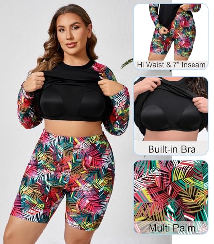 Halcurt Women Rash Guard Padded Plus Size Bathing Suits with Boy Shorts Quick Dry Palm 2X - Image 5