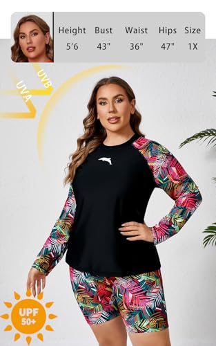 Halcurt Women Rash Guard Padded Plus Size Bathing Suits with Boy Shorts Quick Dry Palm 2X - Image 4