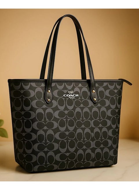 حقيبة توت Coach City Zip من قماش Signature، حقيبة كتف نسائية، حقيبة تسوق نسائية، حقيبة يد نسائية، أسود - كبير
