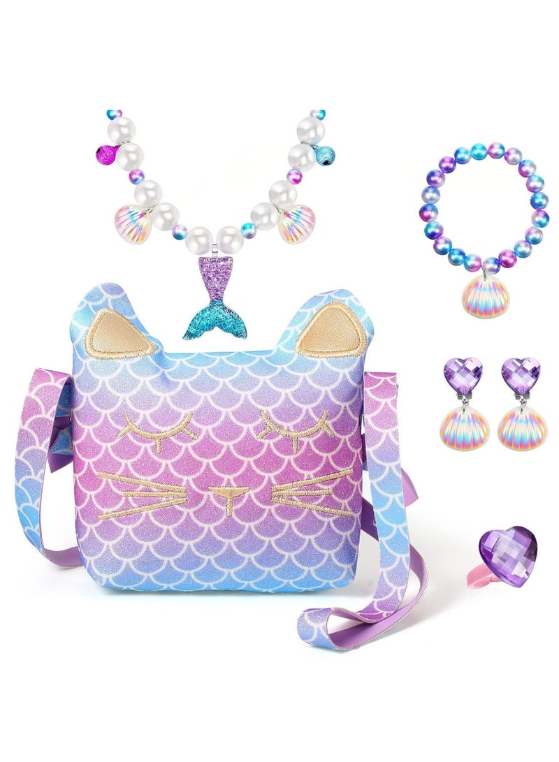 Y&D Pearl Necklace Crossbody Bag Set Dress Up, 6 Pieces Jewelry Pretend Toys Kids Accessories Birthday, For Girls, Up Purse Bracelet Ring Earrings  - Image 1