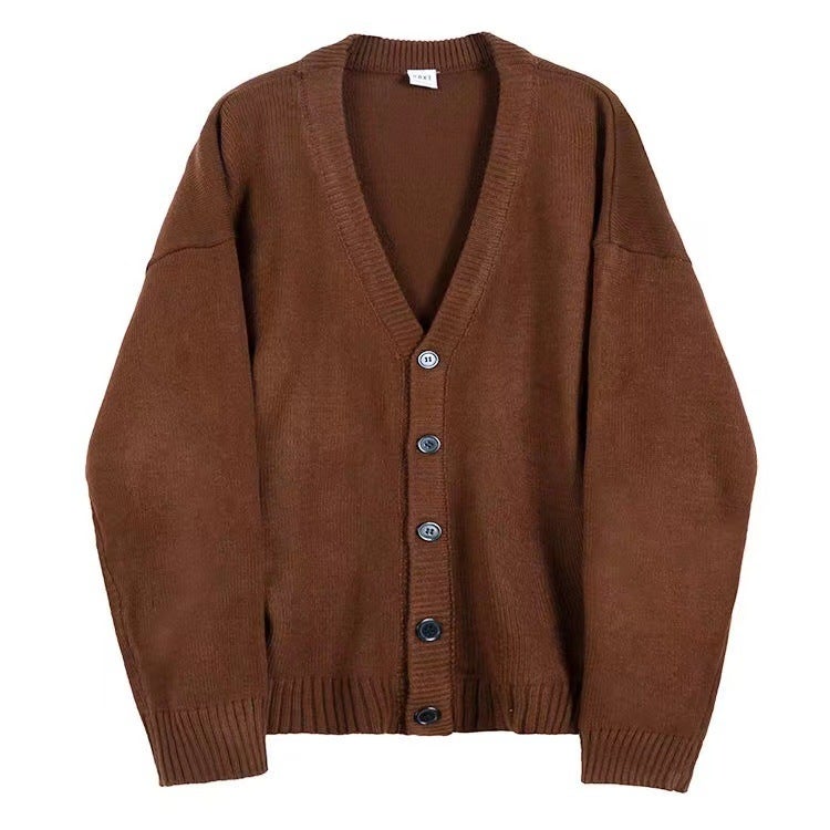 Knitwear mens Korean-style loose V-neck handsome single-breasted solid color autumn cardigan sweater coat for women Brown - Image 1