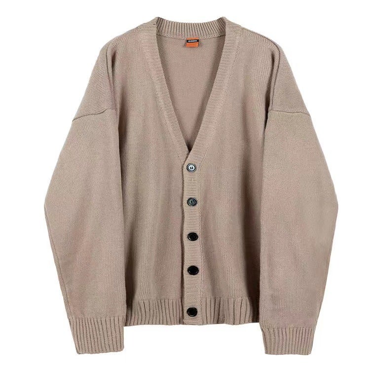Knitwear mens Korean-style loose V-neck handsome single-breasted solid color autumn cardigan sweater coat for women Brown - Image 2