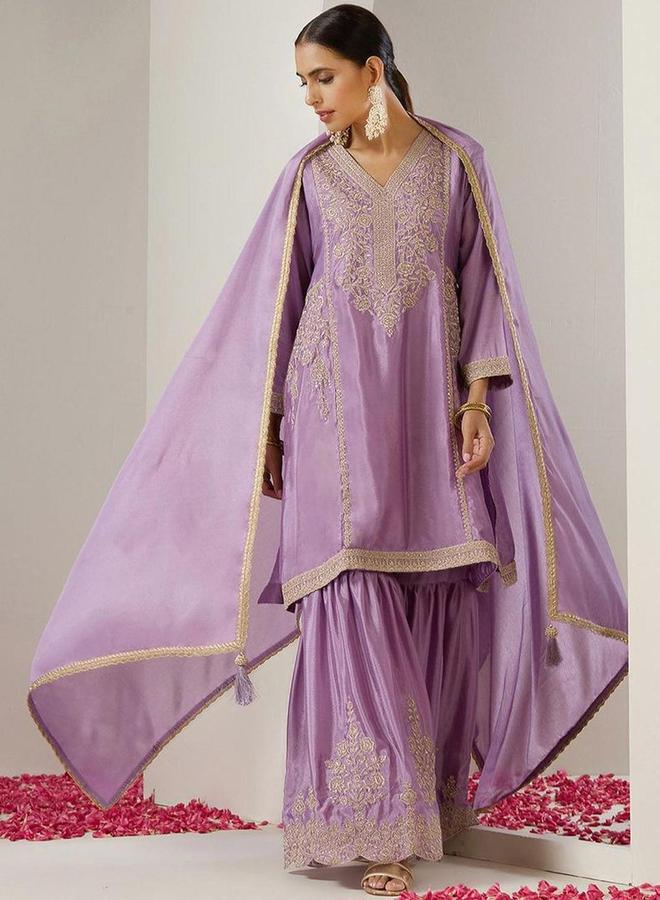 آي شين طقم كورتا وبنطال مع شال بلون بنفسجي - Image 1