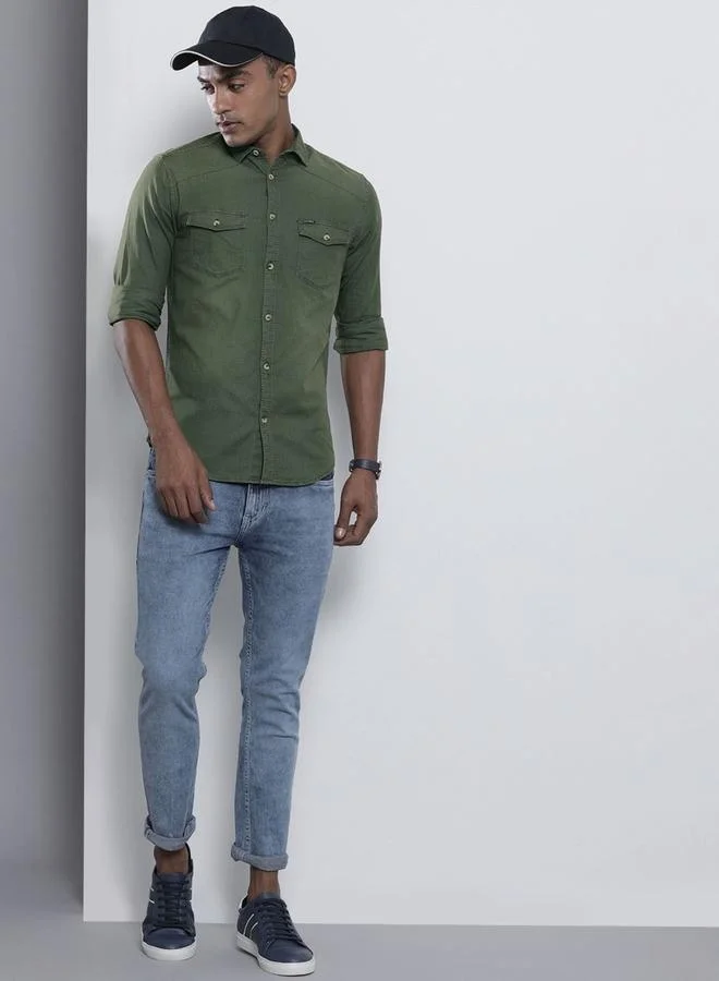 The Indian Garage Co  Men Slim Fit Solid Spread Collar Casual Shirt for Men | Best Price UAE