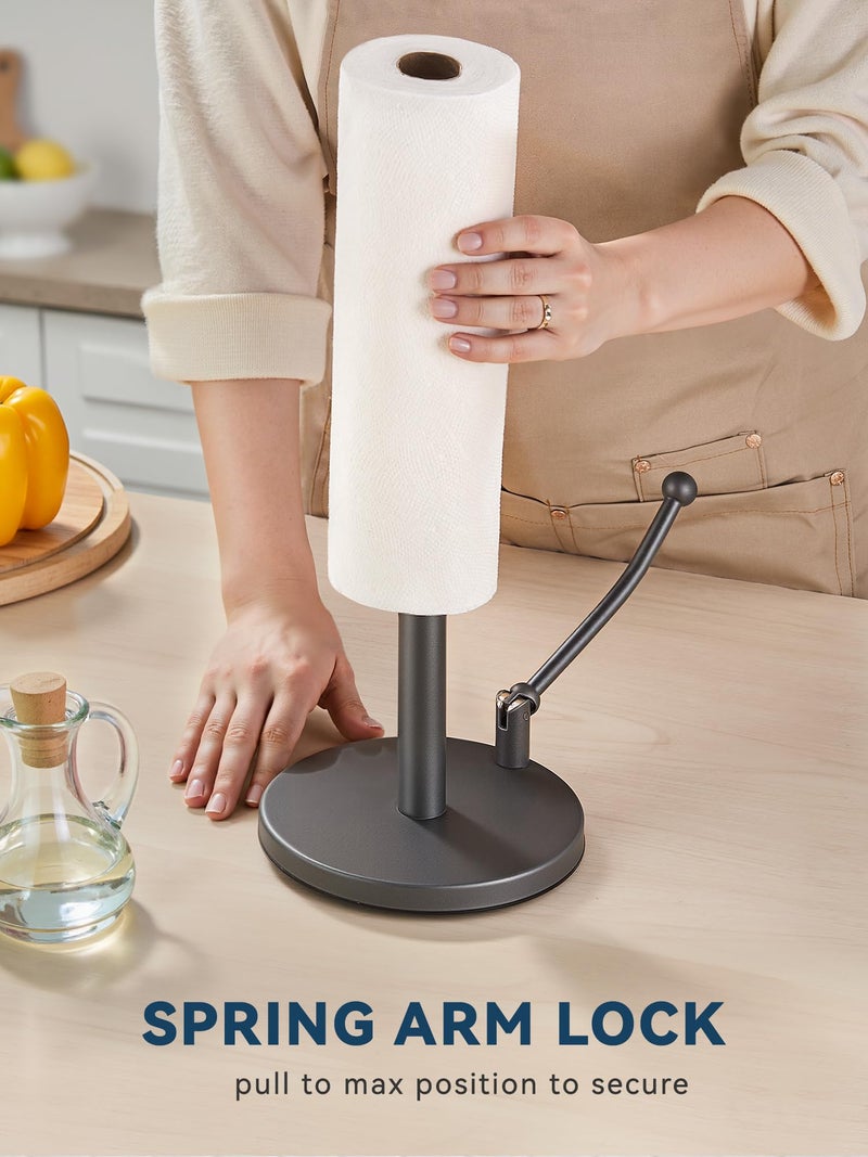 SMARTAKE Paper Towel Holder, Paper Towel Dispenser Standing Weighted Base Non Slip, Spring Arm for Easy Tear, Stainless Steel Paper Towel Holder for Home Kitchen Countertop Tabletop, Metallic Gray - Image 3