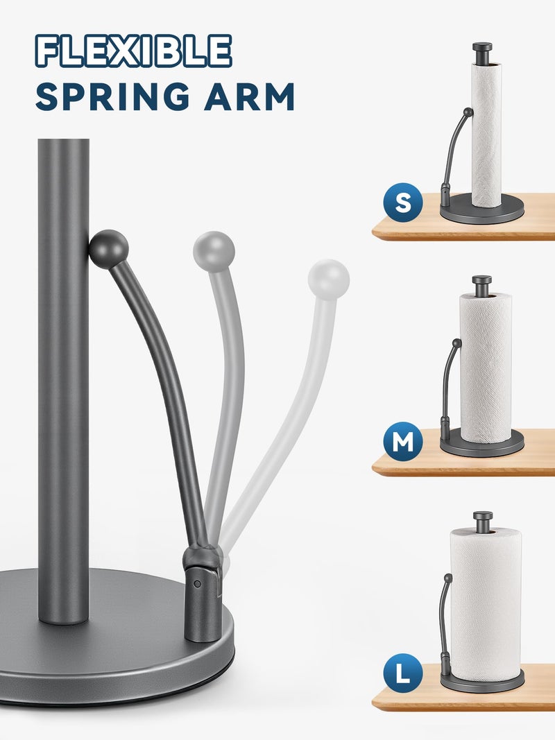 SMARTAKE Paper Towel Holder, Paper Towel Dispenser Standing Weighted Base Non Slip, Spring Arm for Easy Tear, Stainless Steel Paper Towel Holder for Home Kitchen Countertop Tabletop, Metallic Gray - Image 2