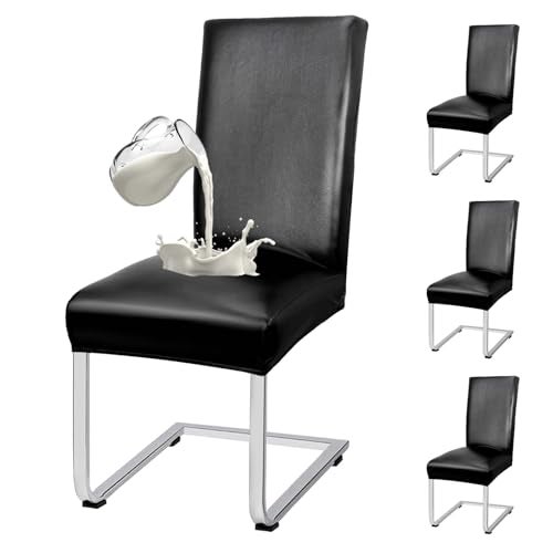 WENZMOC PU Leather Dining Chair Covers Removable 100% Waterproof Chair Covers for Dining Chairs Set of 4, Stretchy & Soft High Back Kitchen Chairs Cover Protectors (Black) - Image 1