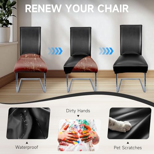 WENZMOC PU Leather Dining Chair Covers Removable 100% Waterproof Chair Covers for Dining Chairs Set of 4, Stretchy & Soft High Back Kitchen Chairs Cover Protectors (Black) - Image 5