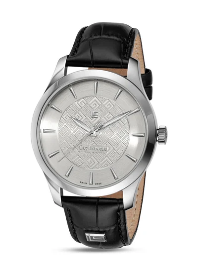 Guy Laroche Maxime 40mm Gents Swiss Quartz Watch with Two-Tone Textured Silver Dial, Black Leather Strap & Sapphire Glass