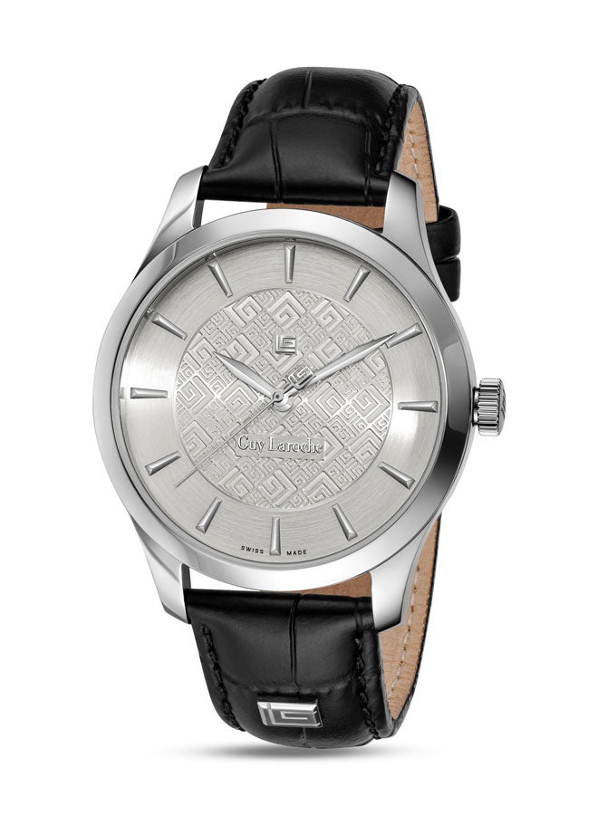Guy Laroche Maxime 40mm Gents Swiss Quartz Watch with Two-Tone Textured Silver Dial, Black Leather Strap & Sapphire Glass  - Image 1