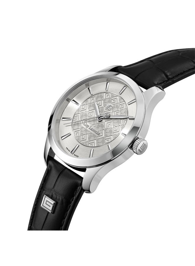 Guy Laroche Maxime 40mm Gents Swiss Quartz Watch with Two-Tone Textured Silver Dial, Black Leather Strap & Sapphire Glass  - Image 2