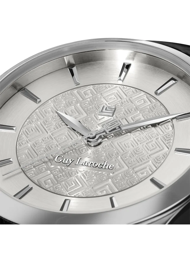 Guy Laroche Maxime 40mm Gents Swiss Quartz Watch with Two-Tone Textured Silver Dial, Black Leather Strap & Sapphire Glass