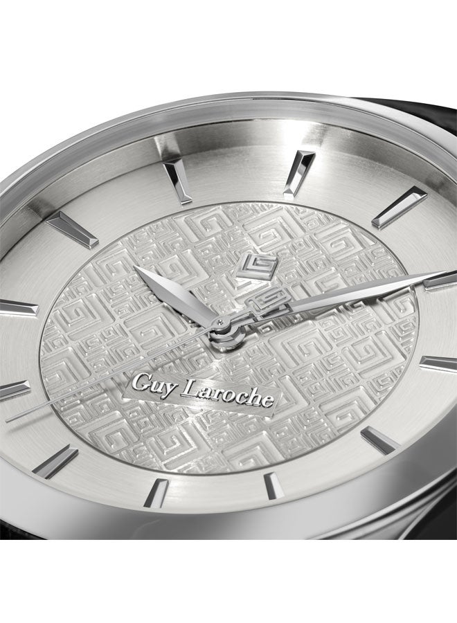 Guy Laroche Maxime 40mm Gents Swiss Quartz Watch with Two-Tone Textured Silver Dial, Black Leather Strap & Sapphire Glass  - Image 3
