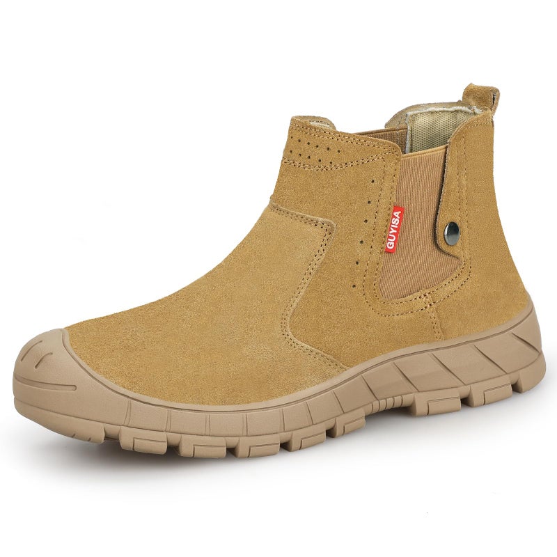 GLANOUDUN Welding Work Boots for Men High top Steel Toe Boots Indestructible Mens Steel Toe Shoes Slip on Construction Shoes Laceless Safety Welder Footwear Brown