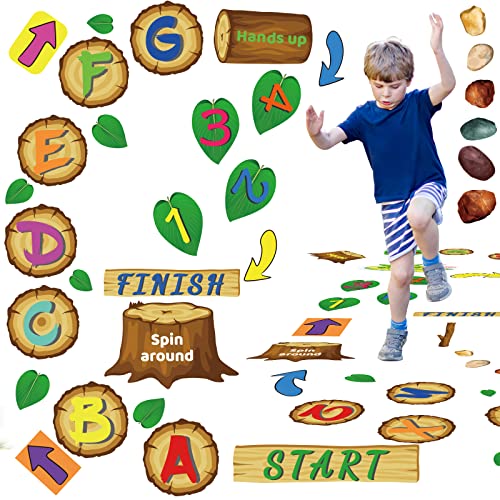 gisgfim 115 Pieces Alphabet and Number DIY Hopscotch Education Floor Decal Jungle Hopping Game Wooden Logs Decals Hopscotch Game for Baby Kids Room Nursery Classroom Play Room - Image 1